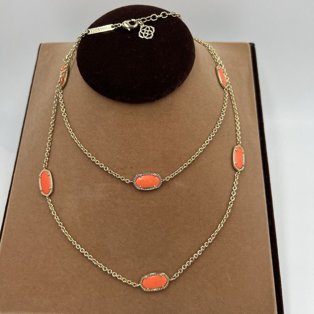 KENDRA SCOTT KELSIE LONG NECKLACE GOLDTONE CORAL LIGHT ORANGE